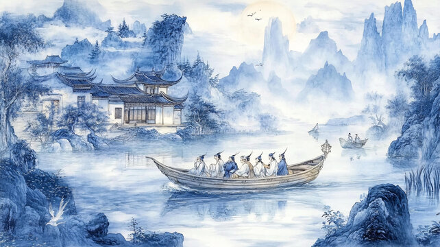 新中式山水描金樓閣畫