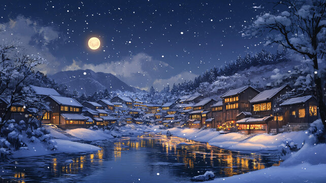 雪夜風景無框畫