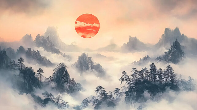 紅日水墨山水