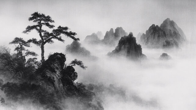 迎客松水墨山