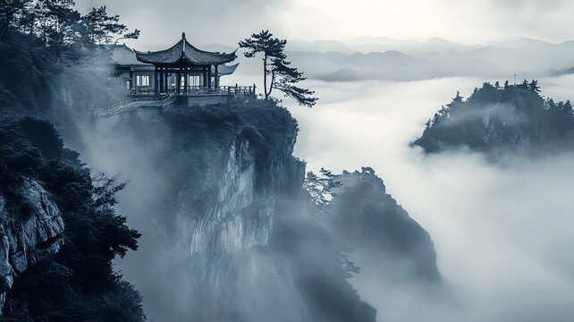 屏風(fēng)墨韻涼亭山峰云霧