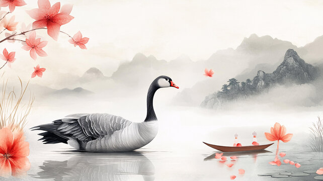 白鵝浮水水墨畫