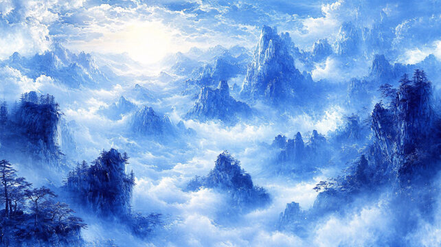 飄渺遠山云霧風景畫
