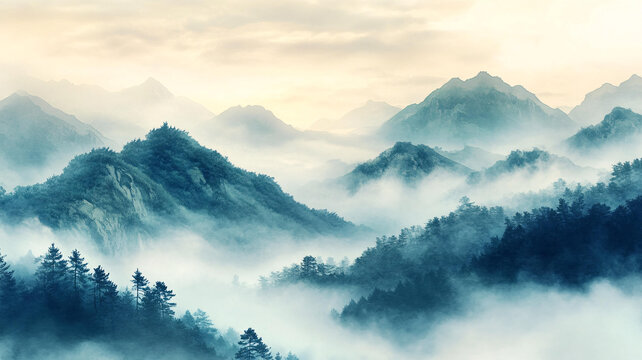 墨韻禪意山峰云霧意境
