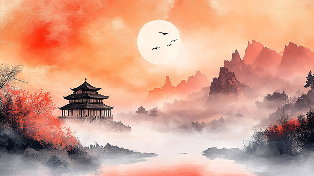 仙鶴樓閣古風(fēng)山水畫(huà)