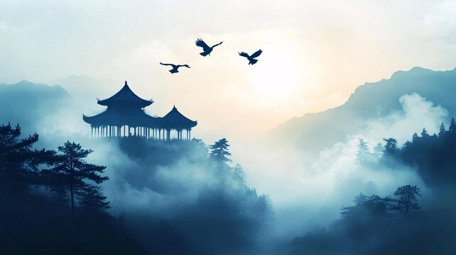 屏風(fēng)墨韻涼亭山峰云霧