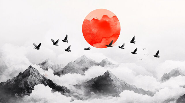 紅日水墨山水