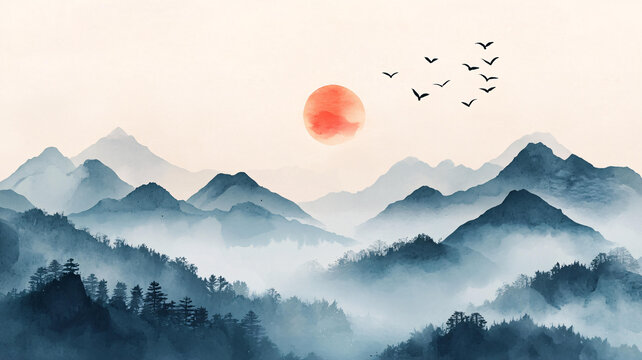 中式山水日出