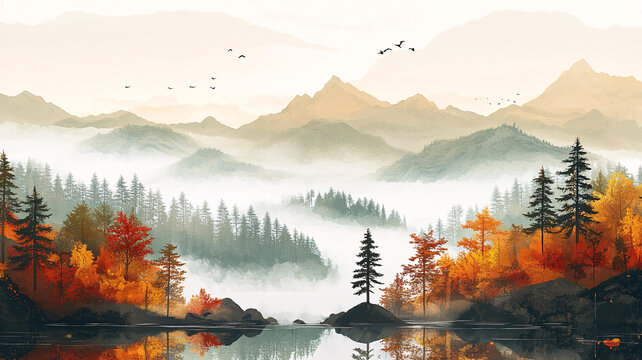 唯美風(fēng)景畫簡約山水畫
