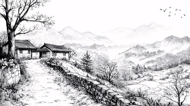 水墨農(nóng)村場(chǎng)景