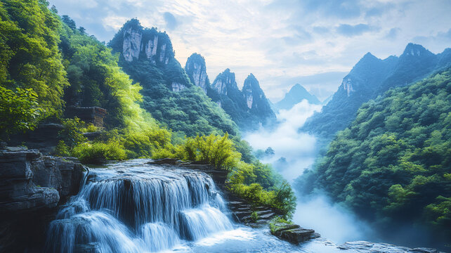 春天竹林瀑布晨曦唯美