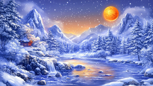 雪夜風(fēng)景無框畫