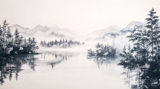 雨后朦朧山水禪意畫