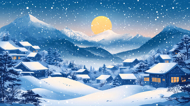 冬季雪村夜晚