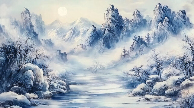 風(fēng)雪流水山脈油畫
