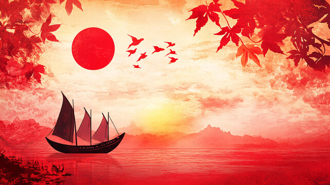 紅日出東方意境中式畫(huà)
