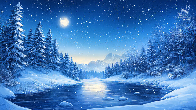 雪夜風(fēng)景無框畫