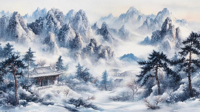 風(fēng)雪流水山脈油畫