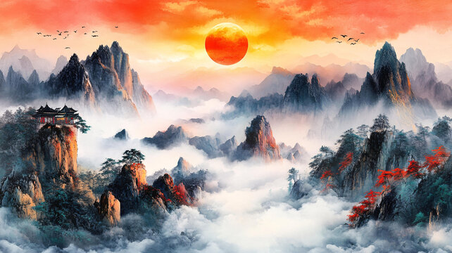 紅日水墨山水