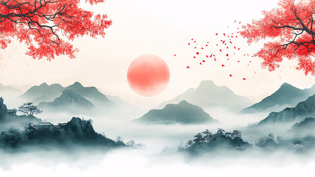 紅日水墨山水