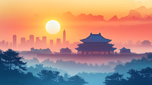 景山落日全景