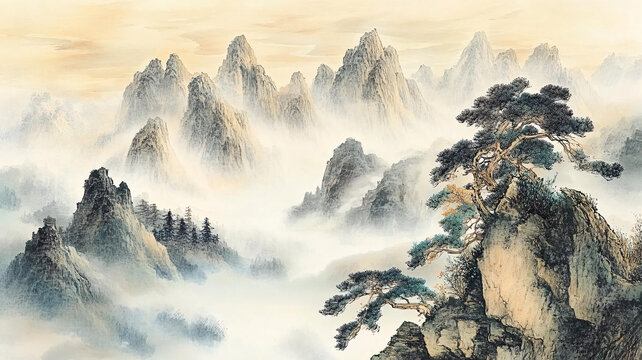 迎客松壁畫(huà)掛畫(huà)壁紙