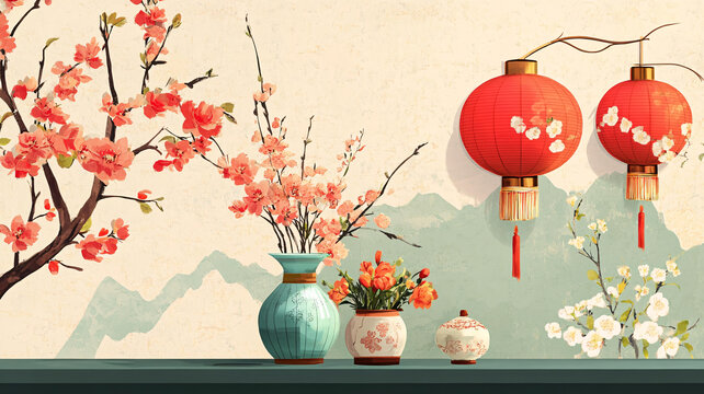 中式櫻花布景