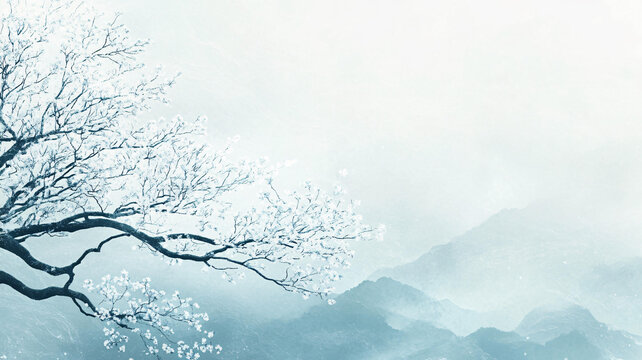 意境山景水墨樹枝