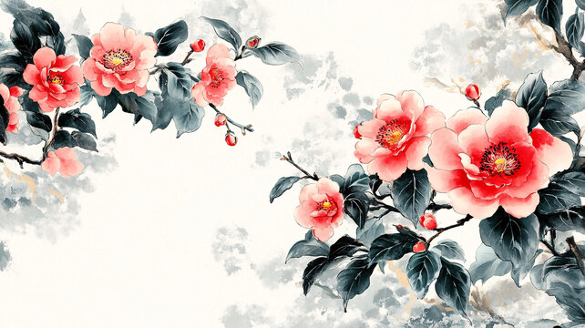 山茶花鳥背景墻壁畫