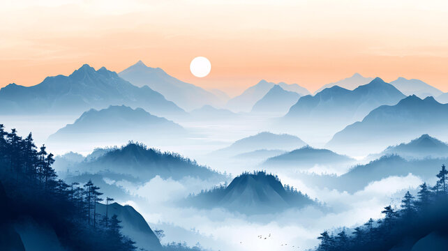 中式山水日出
