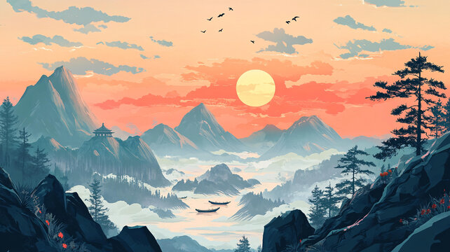 中式山水日出