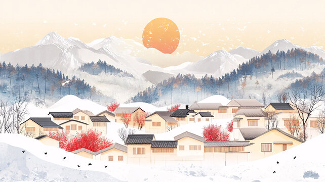 冬季鄉(xiāng)村小鎮(zhèn)落日