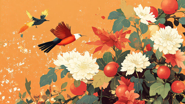 新中式紅色花鳥(niǎo)