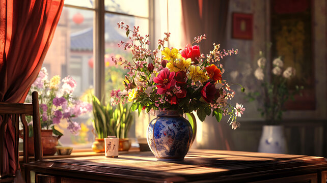 菊花郡花農(nóng)家窗邊復(fù)古