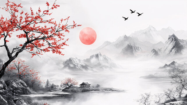 紅日水墨山水