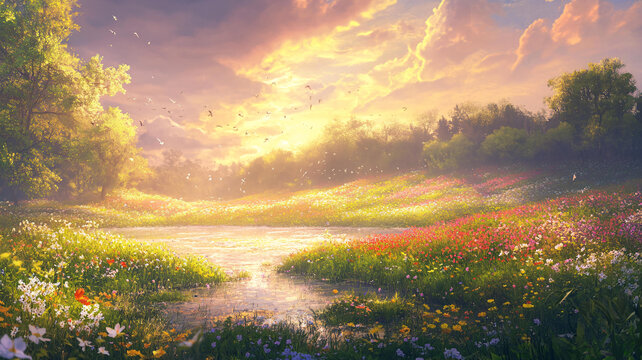 唯美夢幻花田場景