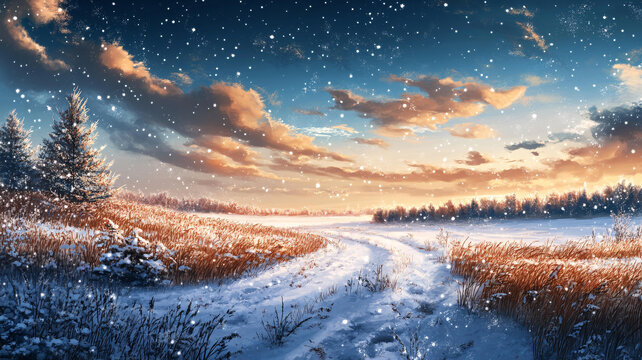 雪夜風(fēng)景無框畫