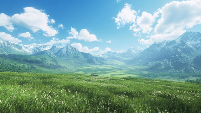 藍(lán)天白云山脈草地背景