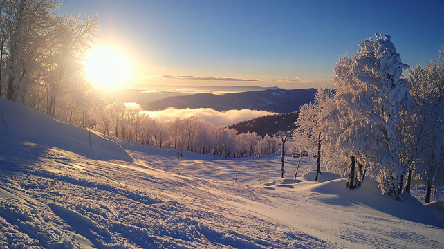 冬季東北雪景日出陽(yáng)光