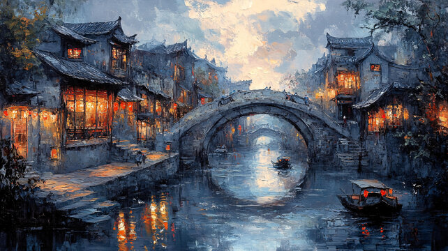 江南古鎮(zhèn)油畫效果