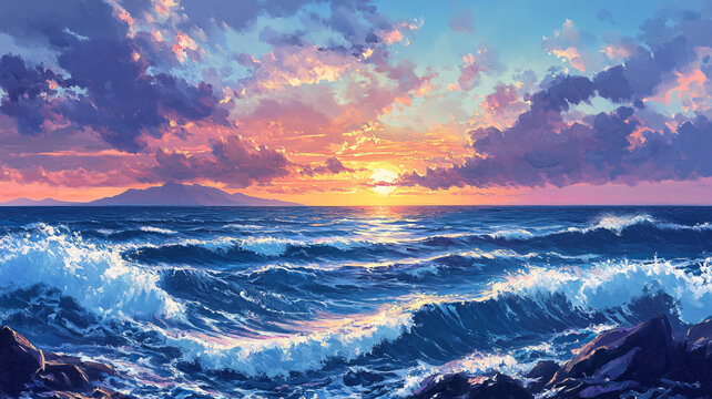 海上日出油畫