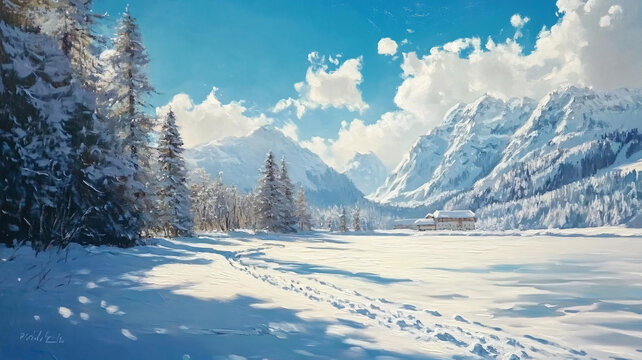 冬季雪景風(fēng)景油畫