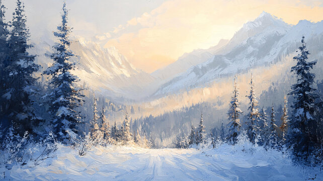 冬天森林夕陽(yáng)雪景