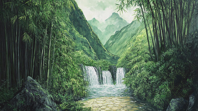 竹林河流山峰
