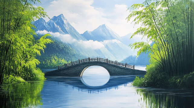 竹林河流山水