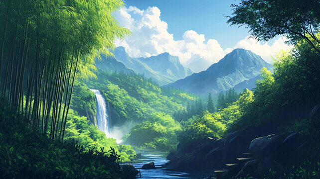 竹林河流山峰
