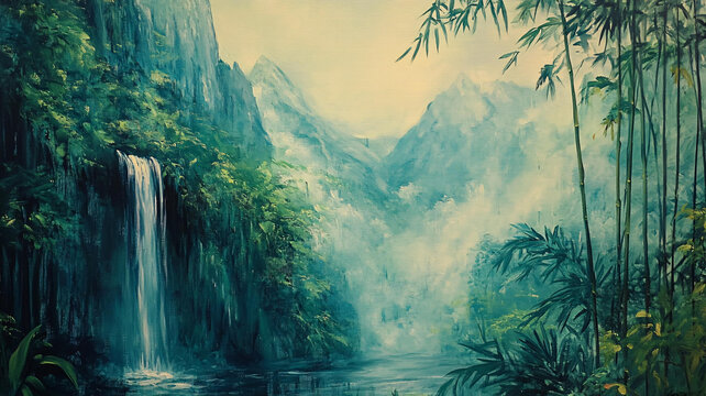 山水風(fēng)景油畫瀑布