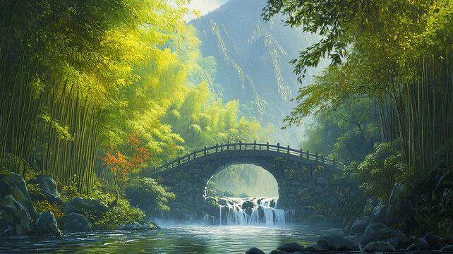 古橋竹林山水