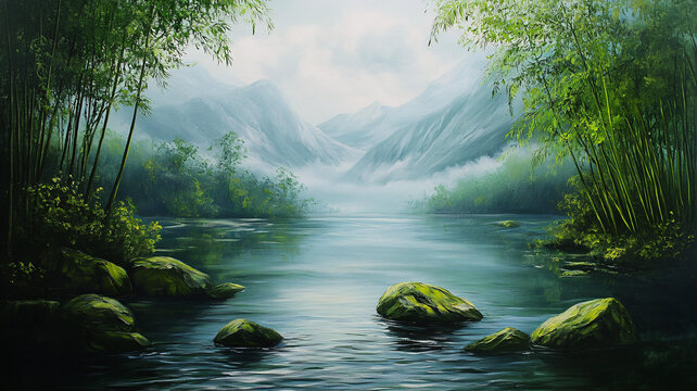 竹林河流山水