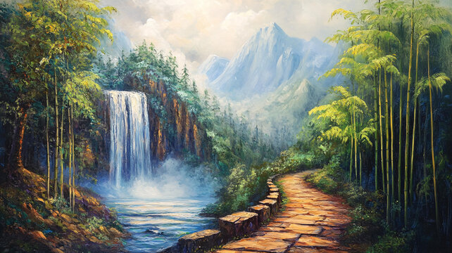 山水風景油畫瀑布